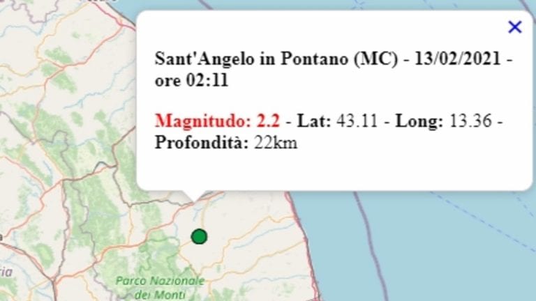 Terremoto nelle Marche oggi, sabato 13 febbraio 2021: scossa M 2.2 in provincia di Macerata | Dati INGV