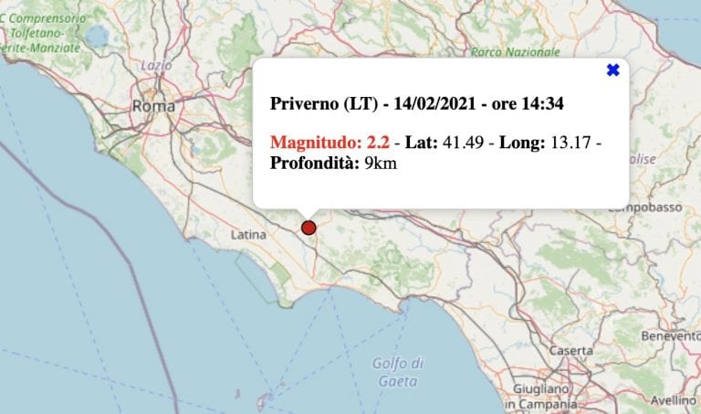 Terremoto nel Lazio oggi, domenica 14 febbraio 2021: scossa M 2.2 provincia Latina | Dati ufficiali INGV