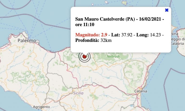 Terremoto in Sicilia oggi, martedì 16 febbraio 2021: scossa M 2.9 provincia di Palermo – Dati ufficiali INGV