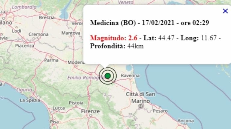 Terremoto in Emilia Romagna oggi, mercoledì 17 febbraio 2021, scossa M 2.6 in provincia di Bologna – Dati Ingv