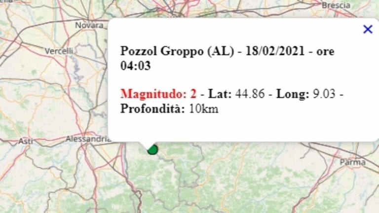 Terremoto in Piemonte oggi, giovedì 18 febbraio 2021, scossa M 2.0 in provincia di Alessandria – Dati Ingv