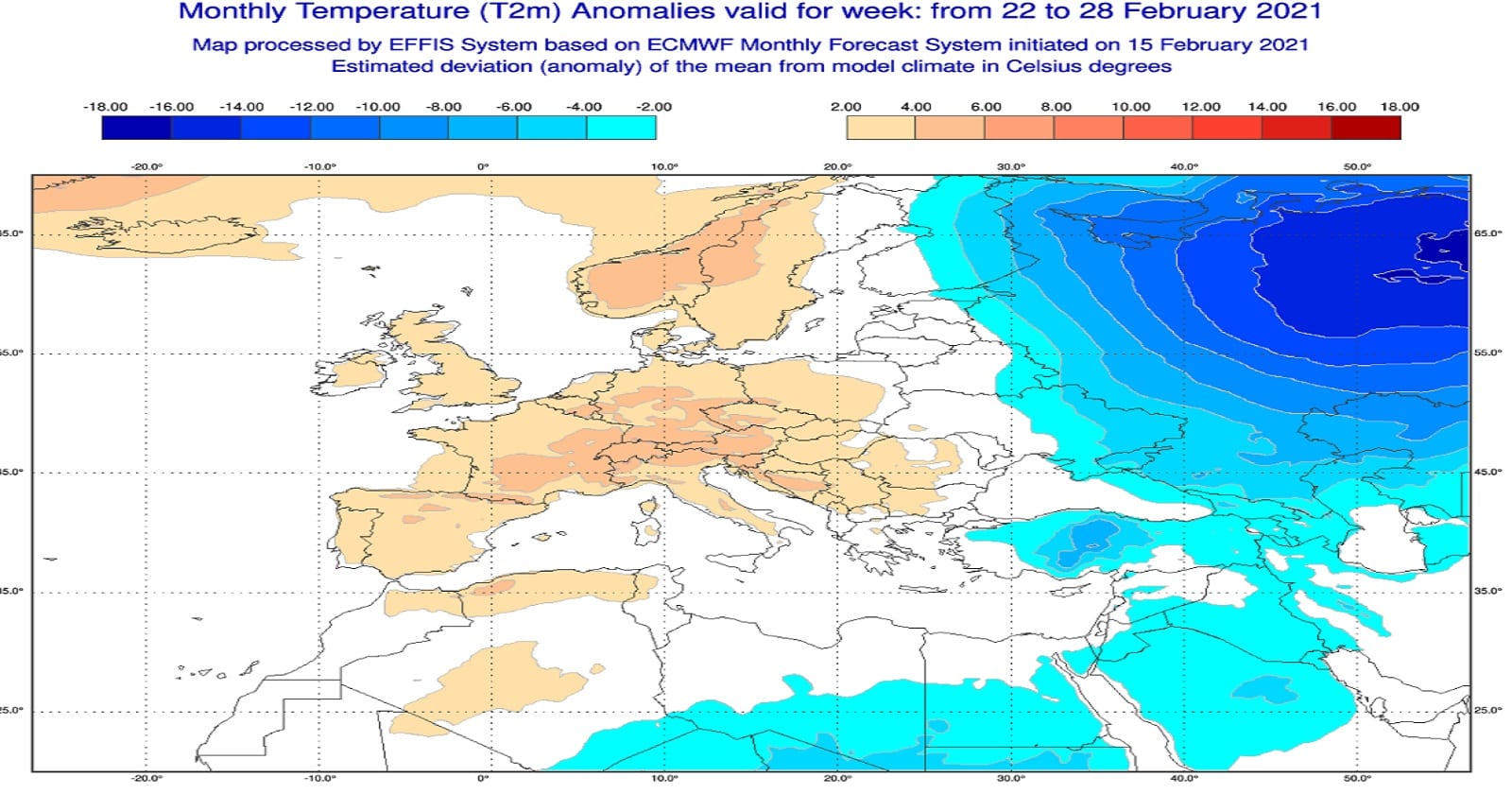 Anomalie di temperatura previste tra il 22 e il 28 febbraio - effis.jrc.ec.europa.eu