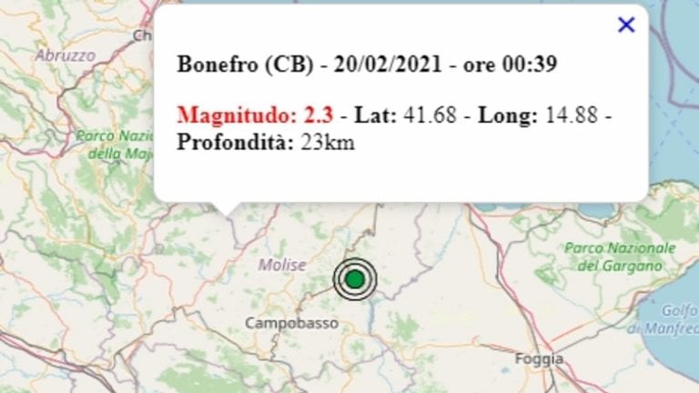 Terremoto in Molise oggi, sabato 20 febbraio 2021, scossa M 2.3 in provincia di Campobasso – Dati Ingv