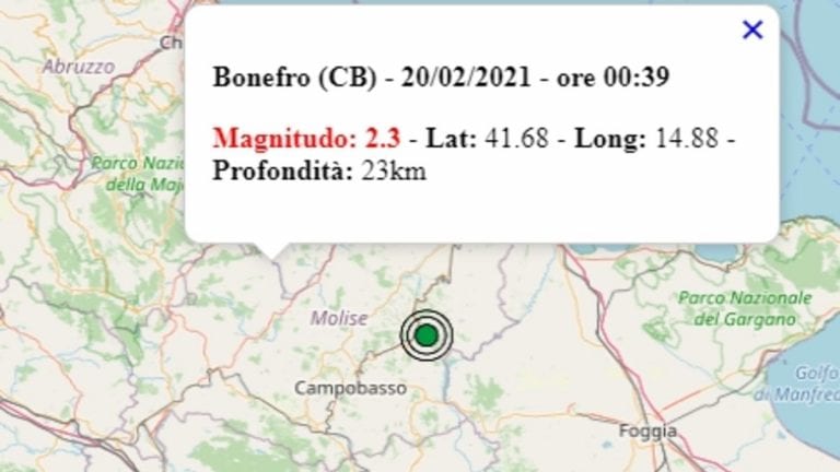 Terremoto in Molise oggi, sabato 20 febbraio 2021, scossa M 2.3 in provincia di Campobasso – Dati Ingv Terremoto in Molise oggi, sabato 20 febbraio 2021, scossa M 2.3 in provincia di Campobasso – Dati Ingv