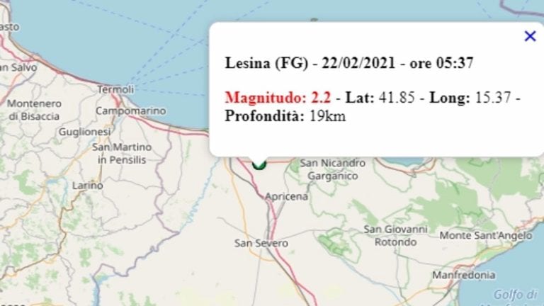 Terremoto in Puglia oggi, lunedì 22 febbraio 2021, scossa M 2.2 provincia di Foggia – Dati Ingv