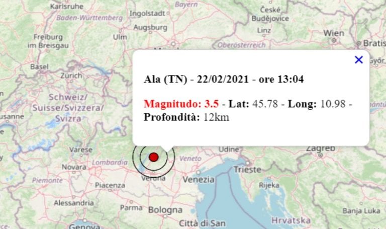 Terremoto oggi in Trentino Alto Adige, 22 febbraio 2021: scossa M 3.5 in provincia di Trento – Dati INGV