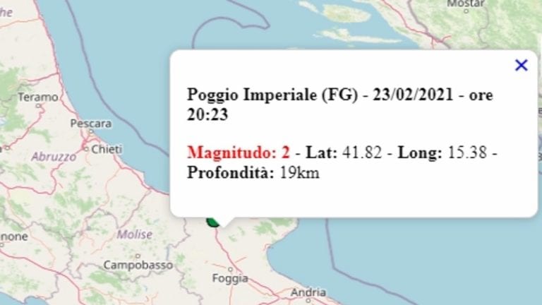 Terremoto in Puglia oggi, 23 febbraio 2021, scossa M 2.0 provincia di Foggia – Dati Ingv Terremoto in Puglia oggi, 23 febbraio 2021, scossa M 2.0 provincia di Foggia – Dati Ingv
