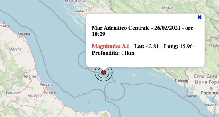 Terremoto Italia oggi, venerdì 26 febbraio 2021: scossa M 3.1 Mar Adriatico – Dati INGV
