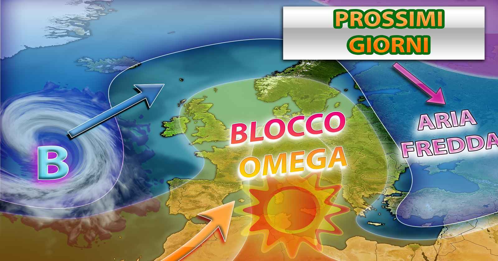 La grafica mostra il possente blocco a Omega ben saldo nella prima parte della settimana corrente sull'Italia - grafica a cura del Centro Meteo Italiano