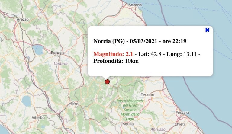 Terremoto in Umbria oggi, venerdì 5 marzo 2021: scossa M 2.1 in provincia di Perugia | Dati INGV