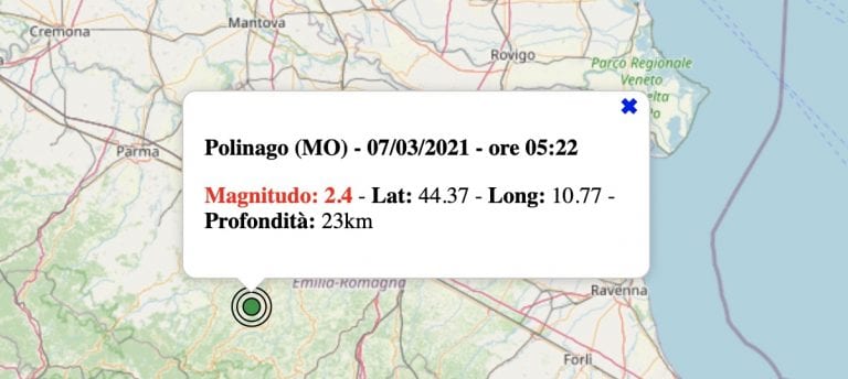 Terremoto in Emilia-Romagna oggi, domenica 7 marzo 2021: scossa M 2.4 provincia Modena – Dati INGV