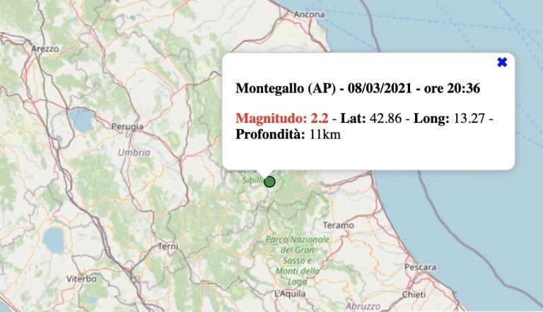 Terremoto nelle Marche oggi, lunedì 8 marzo 2021: scossa M 2.2 in provincia di Ascoli Piceno | Dati INGV