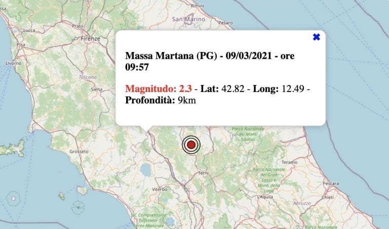 Terremoto in Umbria oggi, martedì 9 marzo 2021: scossa M 2.3 in provincia di Perugia – Dati INGV