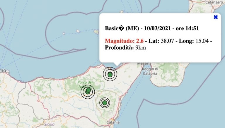 Terremoto in Sicilia oggi, mercoledì 10 marzo 2021: scossa M 2.6 in provincia di Messina | Dati ufficiali iNGV