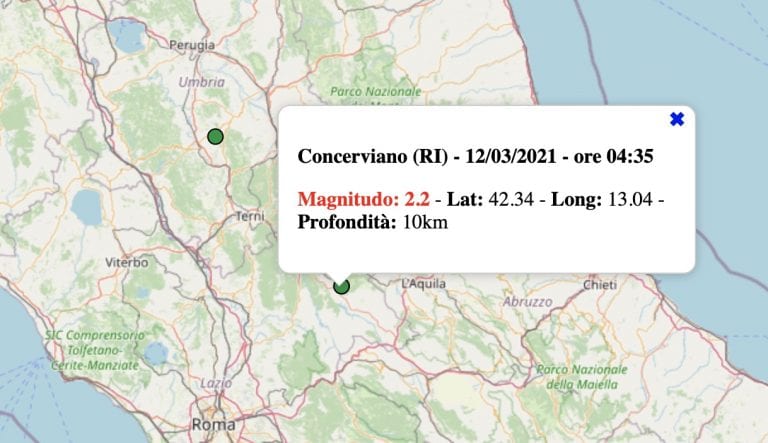 Terremoto nel Lazio oggi, venerdì 12 marzo 2021: scossa M 2.2 provincia di Rieti – Dati INGV