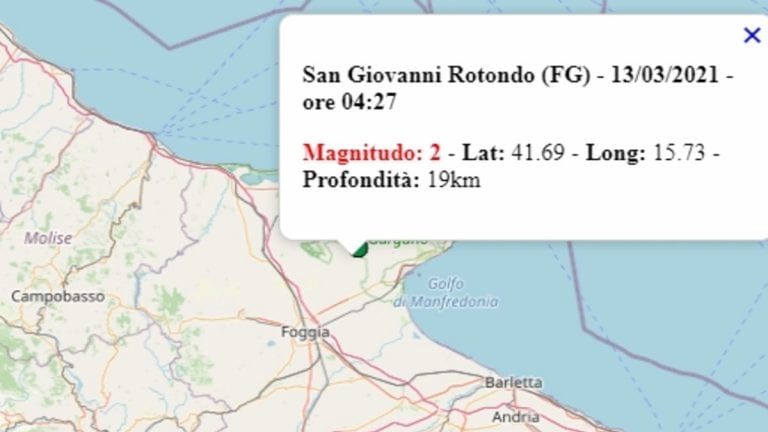 Terremoto in Puglia oggi, 13 marzo 2021, scossa M 2.0 in provincia di Foggia | Dati Ingv