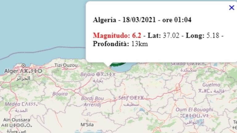 Terremoto Algeria oggi, 18 marzo 2021: forte scossa di magnitudo 6.2 avvertita anche in Italia – Dati Ingv Terremoto Algeria oggi, 18 marzo 2021: forte scossa di magnitudo 6.2 avvertita anche in Italia – Dati Ingv