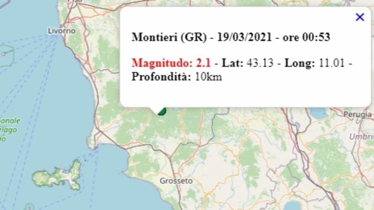 Terremoto in Toscana oggi, venerdì 19 marzo 2021, scossa M 2.1 in provincia di Grosseto | Dati INGV