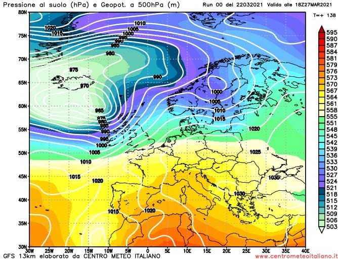 Nell'immagine si può osservare l'espansione dell'alta pressione Azzorriana che dovrebbe palesarsi nell'ultimo weekend di Marzo - Centro Meteo Italiano