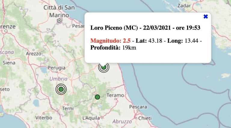 Terremoto nelle Marche oggi, lunedì 22 marzo 2021: scossa M 2.5 in provincia di Macerata | Dati INGV
