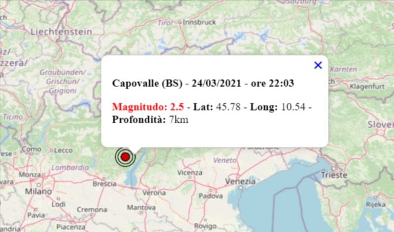 Terremoto in Lombardia oggi, mercoledì 24 marzo 2021: scossa M 2.5 in provincia di Brescia| Dati INGV