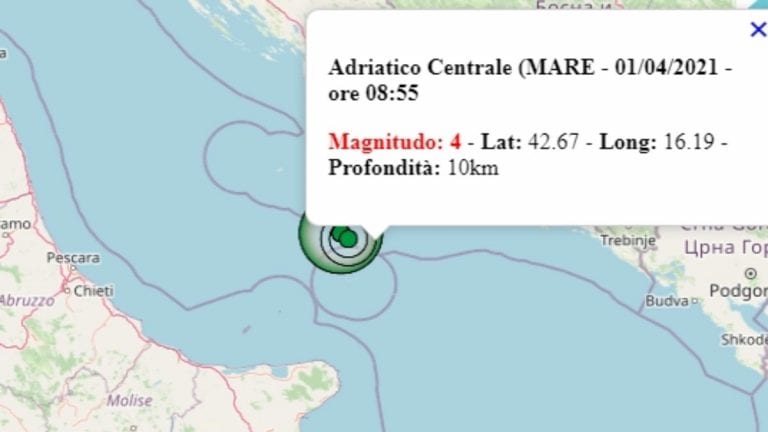 Terremoto in Puglia oggi, 1 aprile 2021: nuova scossa intensa nel mar Adriatico centrale | Dati Ingv