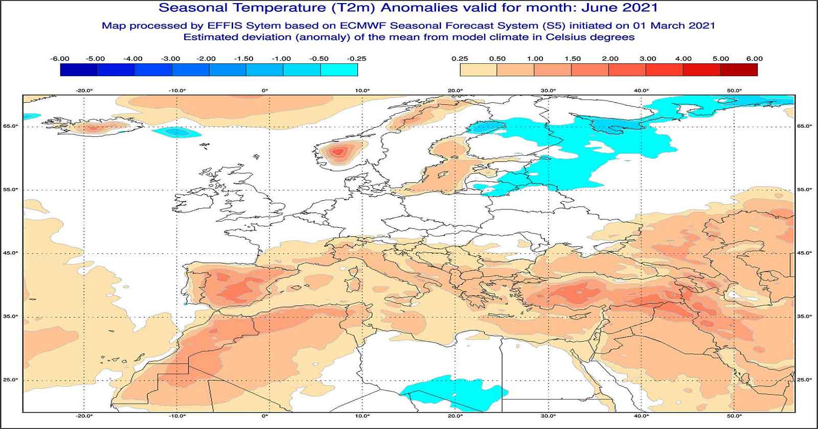 Anomalie di temperatura previste dal modello ECMWF per giugno 2021 - effis.jrc.ec.europa.eu