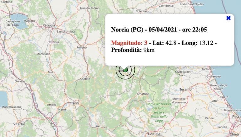 Terremoto in Umbria oggi, lunedì 5 aprile 2021: scossa M 3.0 in provincia di Perugia | Dati INGV