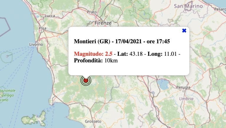 Terremoto in Toscana oggi, sabato 17 aprile 2021: scossa M 2.5 in provincia Grosseto | Dati INGV