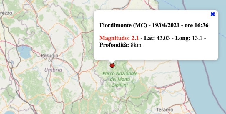 Terremoto nelle Marche oggi, lunedì 19 aprile 2021: scossa M 2.1 in provincia di Macerata | Dati INGV