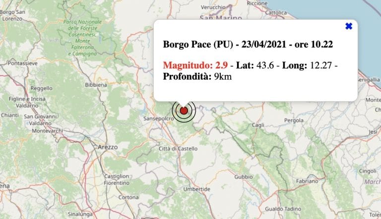 Terremoto nelle Marche oggi, venerdì 23 aprile 2021: scossa M 2.9 in provincia di Pesaro-Urbino | Dati INGV