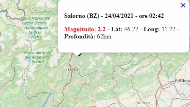 Terremoto in Trentino-Alto Adige oggi, sabato 24 aprile 2021: scossa M 2.2 in provincia di Bolzano | Dati INGV