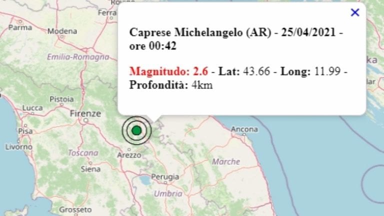 Terremoto in Toscana oggi, domenica 25 aprile 2021, scossa M 2.6 in provincia Arezzo – Dati Ingv Terremoto in Toscana oggi, domenica 25 aprile 2021, scossa M 2.6 in provincia Arezzo – Dati Ingv
