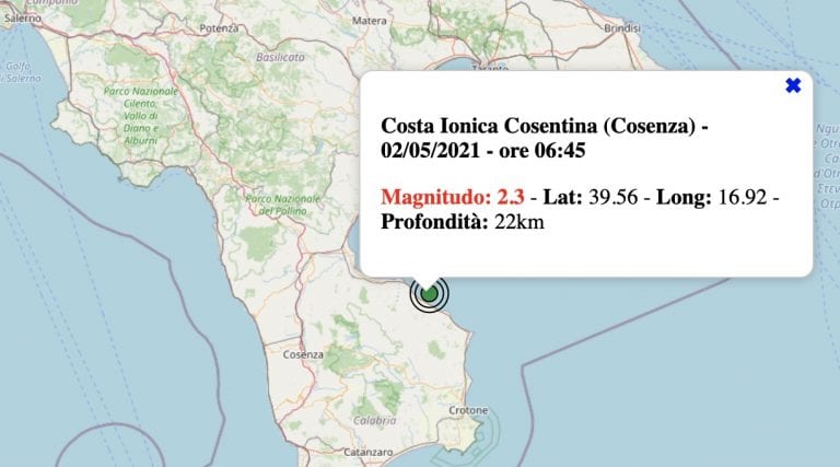 Terremoto in Calabria oggi, domenica 2 maggio 2021: scossa M 2.3 sulla Costa Ionica Cosentina | Dati INGV Terremoto in Calabria oggi, domenica 2 maggio 2021: scossa M 2.3 sulla Costa Ionica Cosentina | Dati INGV