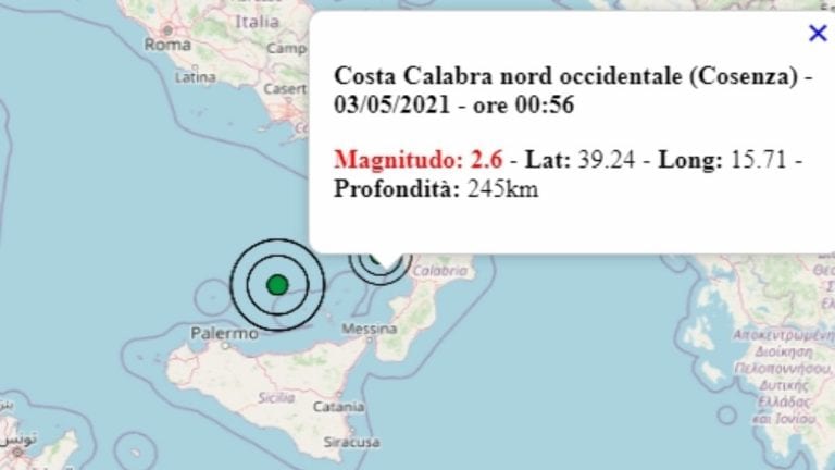 Terremoto in Calabria oggi, 3 maggio 2021: scossa M 2.6 in provincia Cosenza | Dati INGV Terremoto in Calabria oggi, 3 maggio 2021: scossa M 2.6 in provincia Cosenza | Dati INGV