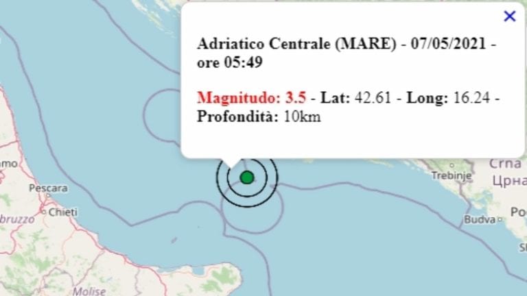 Terremoto oggi in Puglia, 7 maggio 2021: intensa scossa M 3.5 Mar Adriatico Centrale | Dati INGV