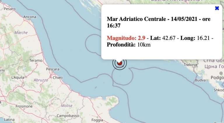 Terremoto in Italia oggi, venerdì 14 maggio 2021: scossa M 2.5 Mar Adriatico | Dati INGV