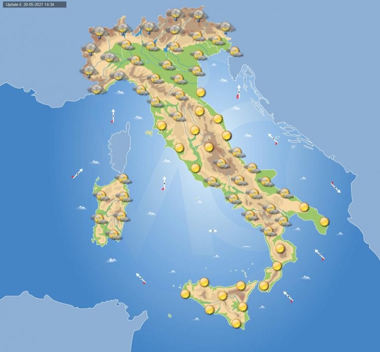 PREVISIONI METEO domani 21 maggio 2021: tempo in miglioramento grazie all’alta pressione in ITALIA ma ancora qualche pioggia