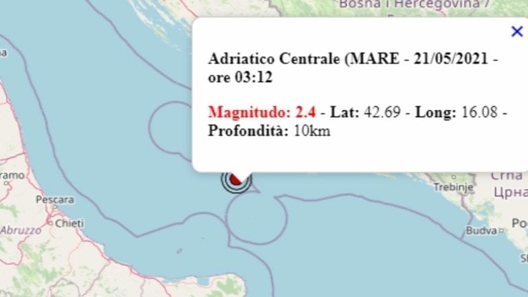 Terremoto in Puglia oggi, 21 maggio 2021, scossa M 2.4 Mar Adriatico Centrale | Dati INGV