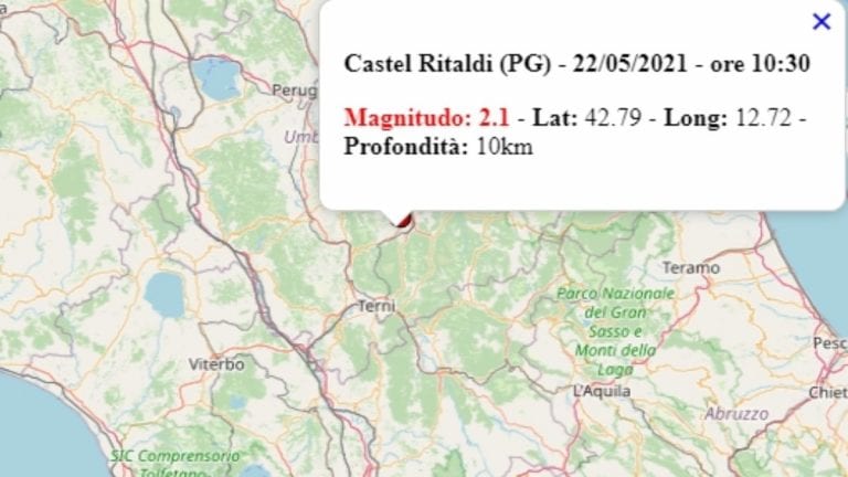 Terremoto in Umbria oggi, 22 maggio 2021: scossa M 2.1 in provincia di Perugia | Dati INGV