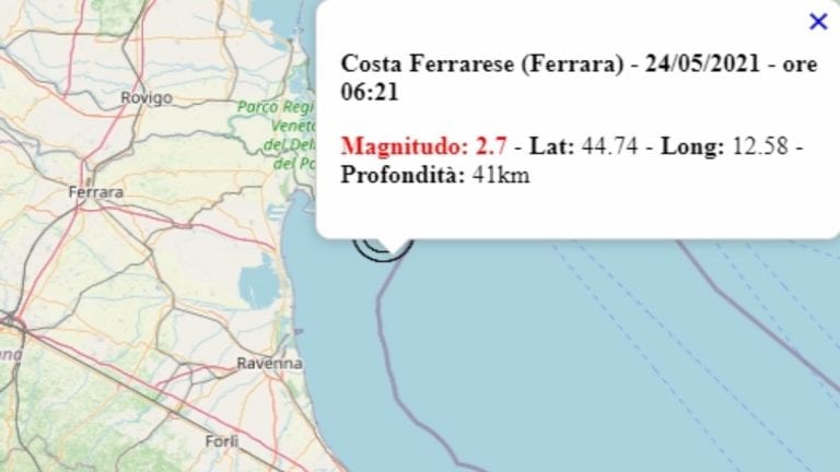 Terremoto in Emilia Romagna oggi, lunedì 24 maggio 2021, scossa M 2.7 costa ferrarese – Dati Ingv