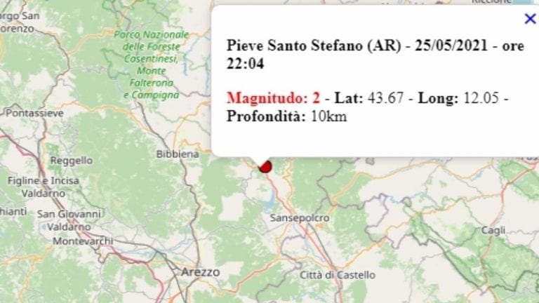 Terremoto in Toscana oggi, 25 maggio 2021, scossa M 2.0 in provincia di Arezzo | Dati Ingv
