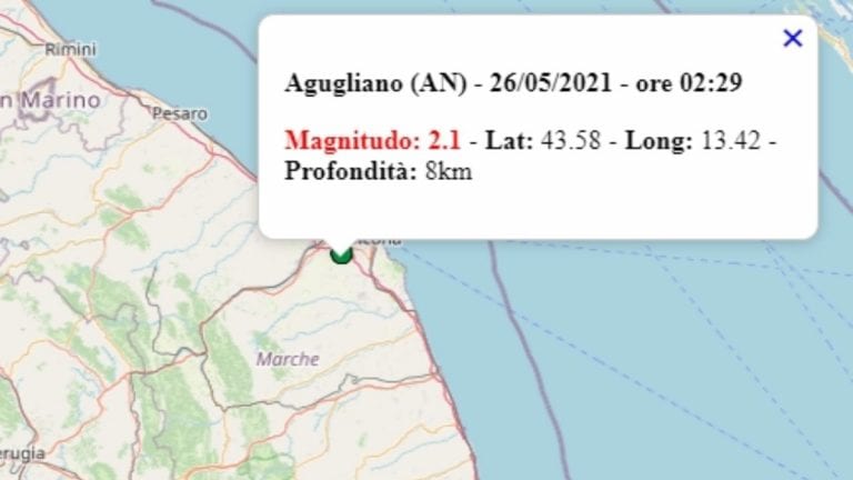 Terremoto nelle Marche oggi, 26 maggio 2021, scossa M 2.1 in provincia di Ancona – Dati Ingv