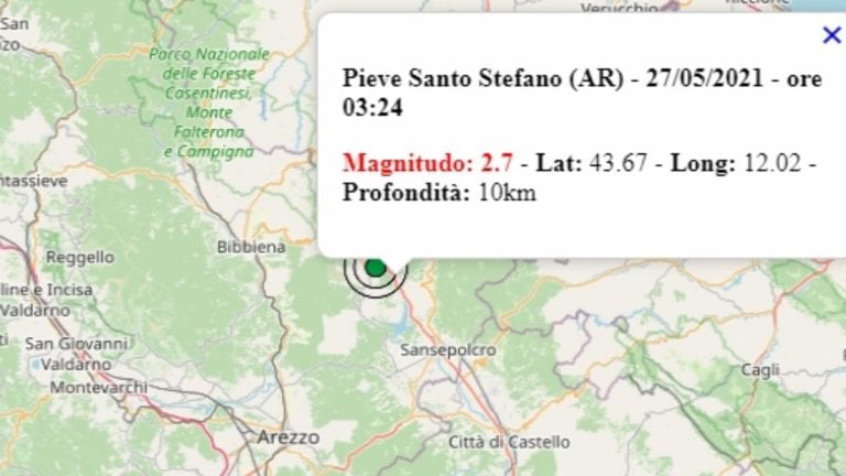 Terremoto in Toscana oggi, 27 maggio 2021, scossa M 2.7 in provincia Arezzo – Dati Ingv