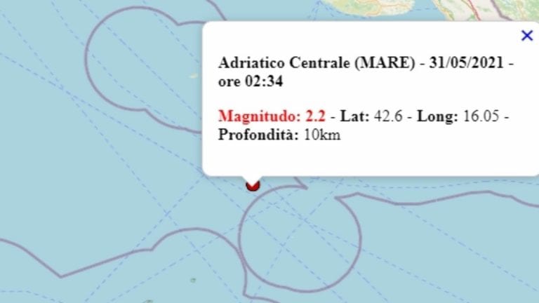 Terremoto in Italia oggi, lunedì 31 maggio 2021, scossa M 2.2 sul mar Adriatico – Dati Ingv