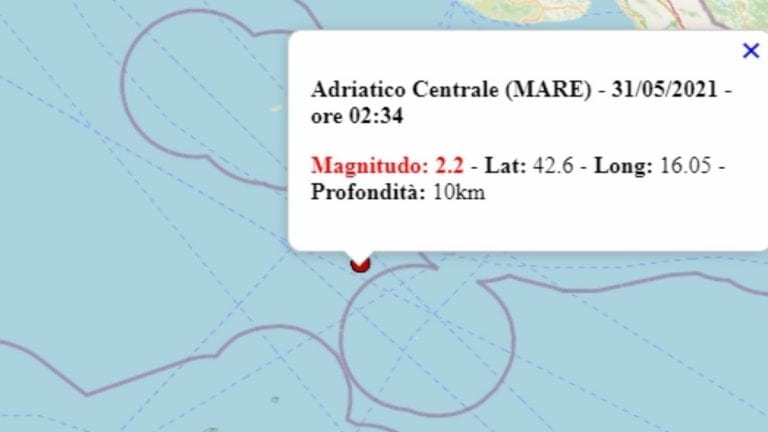 Terremoto in Italia oggi, lunedì 31 maggio 2021, scossa M 2.2 sul mar Adriatico – Dati Ingv Terremoto in Italia oggi, lunedì 31 maggio 2021, scossa M 2.2 sul mar Adriatico – Dati Ingv