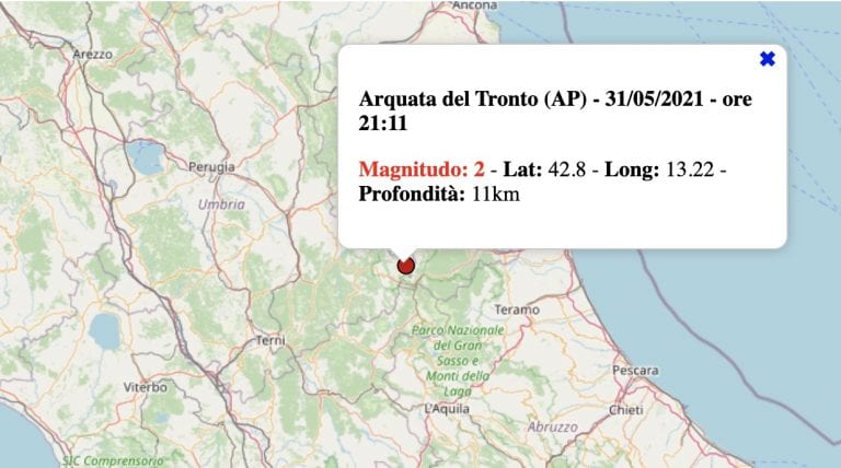 Terremoto nelle Marche oggi, lunedì 31 maggio 2021: scossa M 2.0 in provincia di Ascoli Piceno | Dati INGV