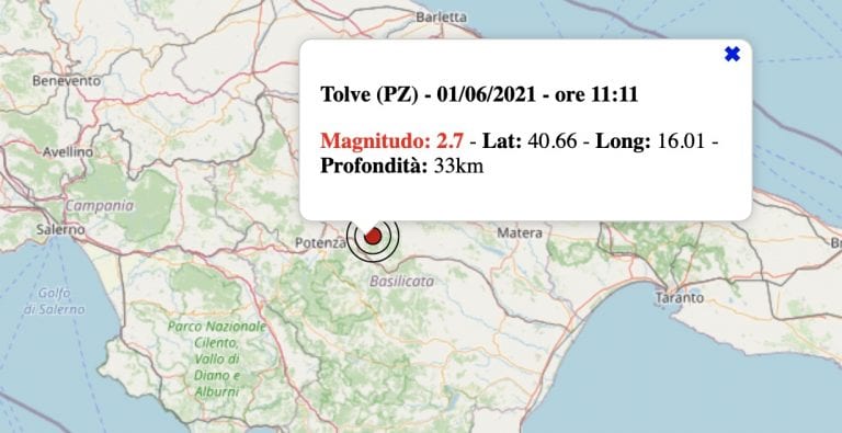 Terremoto in Basilicata oggi, 1 giugno 2021: scossa M 2.7 in provincia di Potenza | Dati INGV