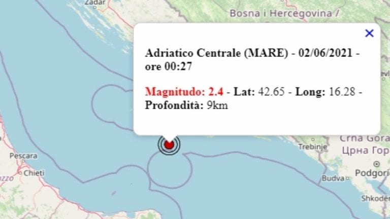 Terremoto in Italia oggi, 2 giugno 2021, scossa M 2.4 sul mar Adriatico – Dati Ingv Terremoto in Italia oggi, 2 giugno 2021, scossa M 2.4 sul mar Adriatico – Dati Ingv