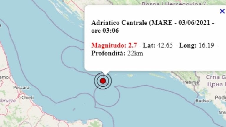Terremoto in Italia oggi, giovedì 3 giugno 2021, scossa M 2.7 sul mar Adriatico centrale – Dati Ingv Terremoto in Italia oggi, giovedì 3 giugno 2021, scossa M 2.7 sul mar Adriatico centrale – Dati Ingv